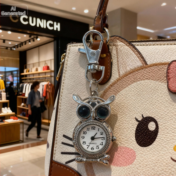 Pelėdos motyvo kišeninis laikrodis, retro stiliaus, dekoratyvus, kvarcinis mechanizmas Z618, apvalus dial diametrą 15 mm, storis 8 mm, korpusas iš cinko lydinio, raktų pakabuko sagtis, logotipas gali būti spausdinamas