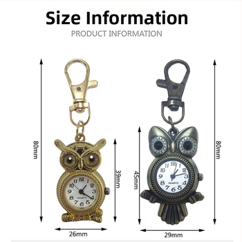 Pelėdos motyvo kišeninis laikrodis, retro stiliaus, dekoratyvus, kvarcinis mechanizmas Z618, apvalus dial diametrą 15 mm, storis 8 mm, korpusas iš cinko lydinio, raktų pakabuko sagtis, logotipas gali būti spausdinamas