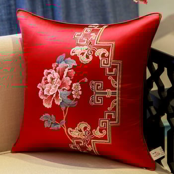 Сатенен калъф за възглавница с бродерия в стил Нов Китай, мотив растения и цветя, персонализиране по заявка