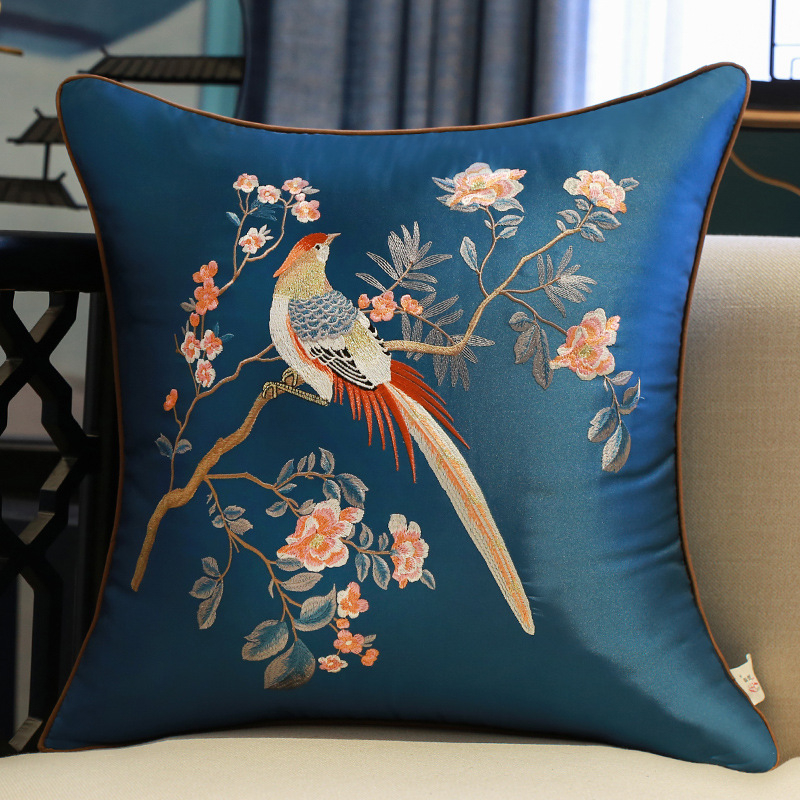 Сатенен калъф за възглавница с бродерия в стил Нов Китай, мотив растения и цветя, персонализиране по заявка