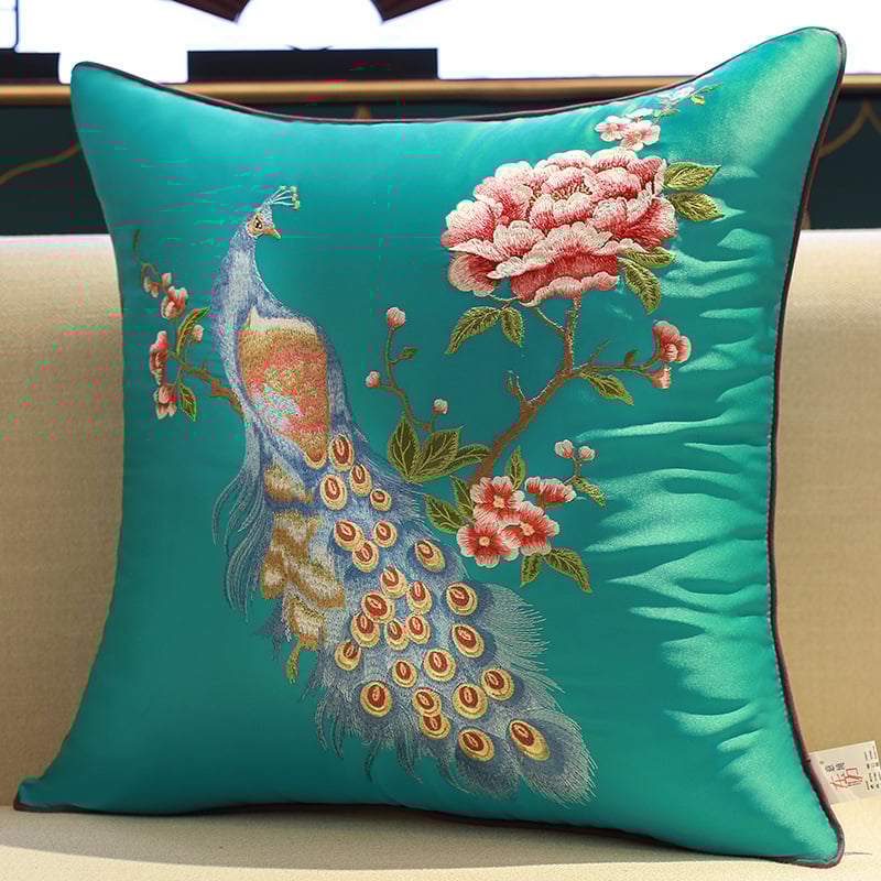 Сатенен калъф за възглавница с бродерия в стил Нов Китай, мотив растения и цветя, персонализиране по заявка