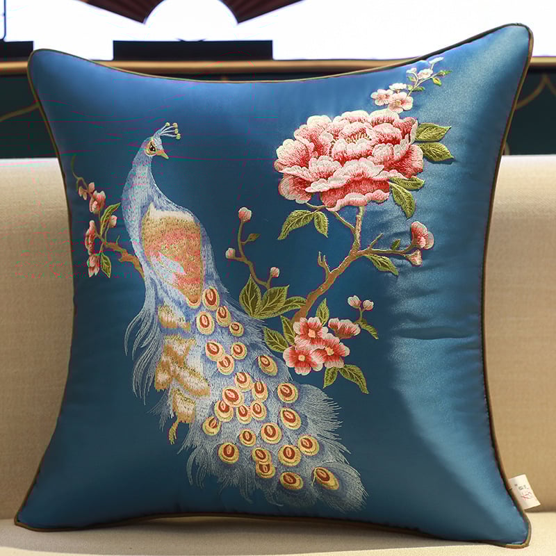 Сатенен калъф за възглавница с бродерия в стил Нов Китай, мотив растения и цветя, персонализиране по заявка