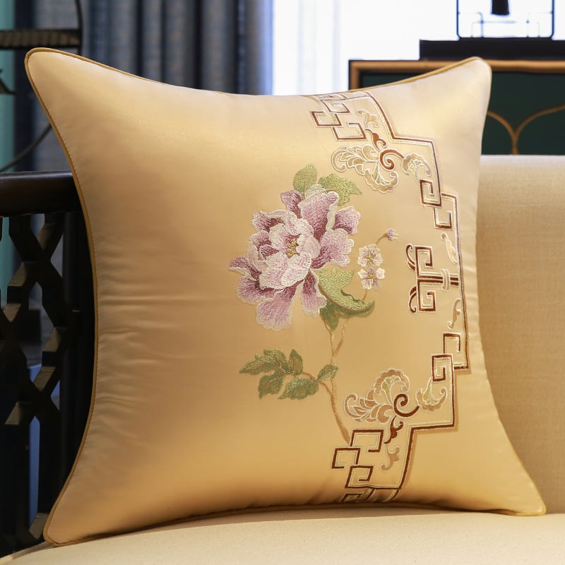 Сатенен калъф за възглавница с бродерия в стил Нов Китай, мотив растения и цветя, персонализиране по заявка