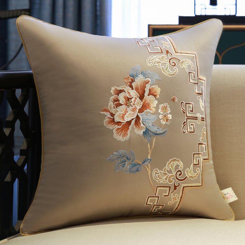 Сатенен калъф за възглавница с бродерия в стил Нов Китай, мотив растения и цветя, персонализиране по заявка