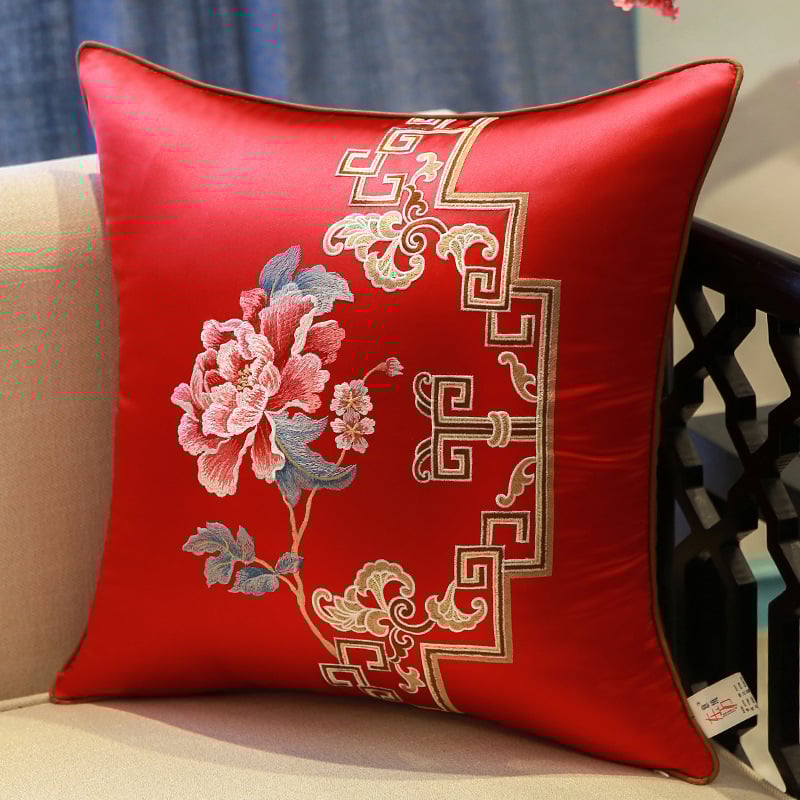Сатенен калъф за възглавница с бродерия в стил Нов Китай, мотив растения и цветя, персонализиране по заявка