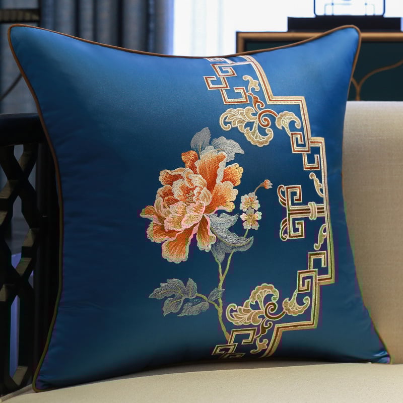 Сатенен калъф за възглавница с бродерия в стил Нов Китай, мотив растения и цветя, персонализиране по заявка