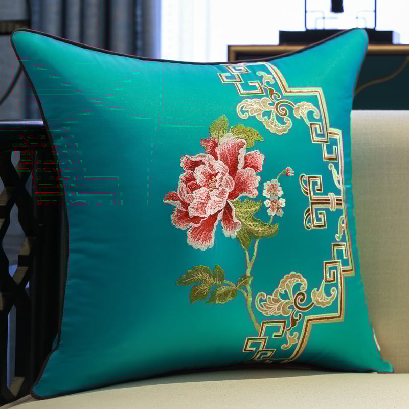 Сатенен калъф за възглавница с бродерия в стил Нов Китай, мотив растения и цветя, персонализиране по заявка