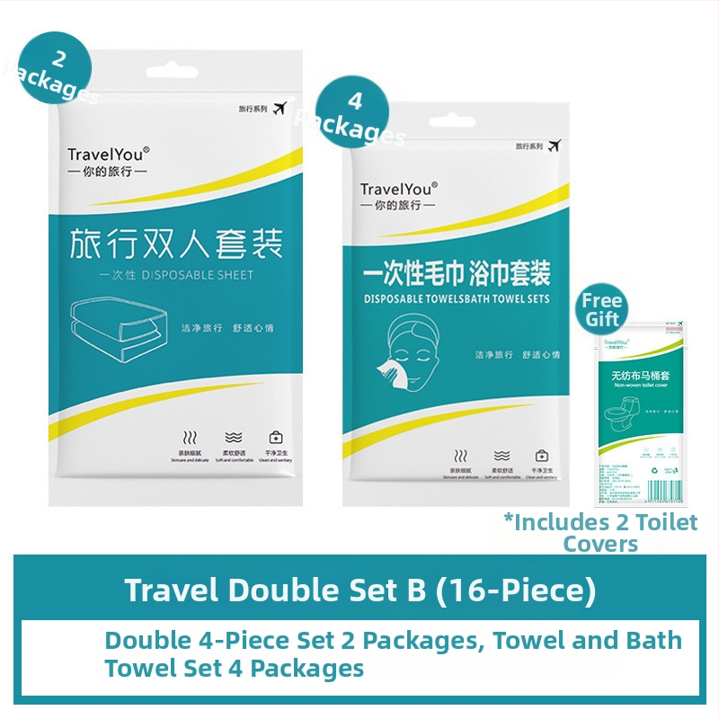 Kelioninis vienkartinis patalynės komplektas — 4 dalys, neaustas audinys, įskaitant paklodę, antklodės užvalkalą ir pagalvių užvalkalus