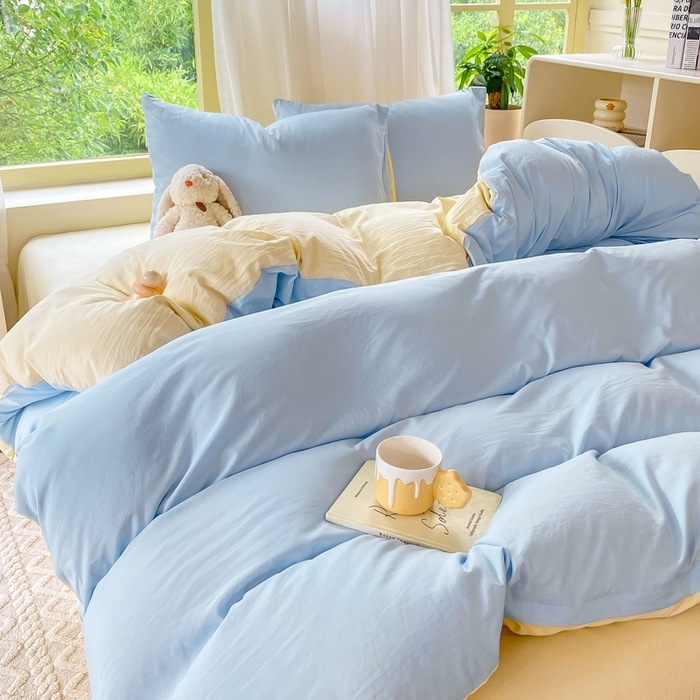 Mosott pamutból készült négyrészes ágyneműkészlet, brudshed felülettel és quilted kivitelben, reaktív színezéssel, modern minimalist stílus