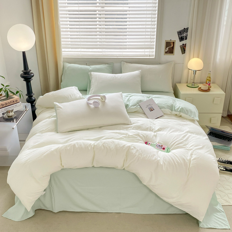 Mosott pamutból készült négyrészes ágyneműkészlet, brudshed felülettel és quilted kivitelben, reaktív színezéssel, modern minimalist stílus