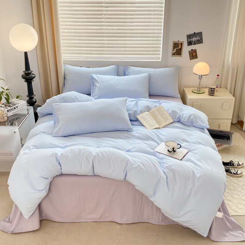 Mosott pamutból készült négyrészes ágyneműkészlet, brudshed felülettel és quilted kivitelben, reaktív színezéssel, modern minimalist stílus