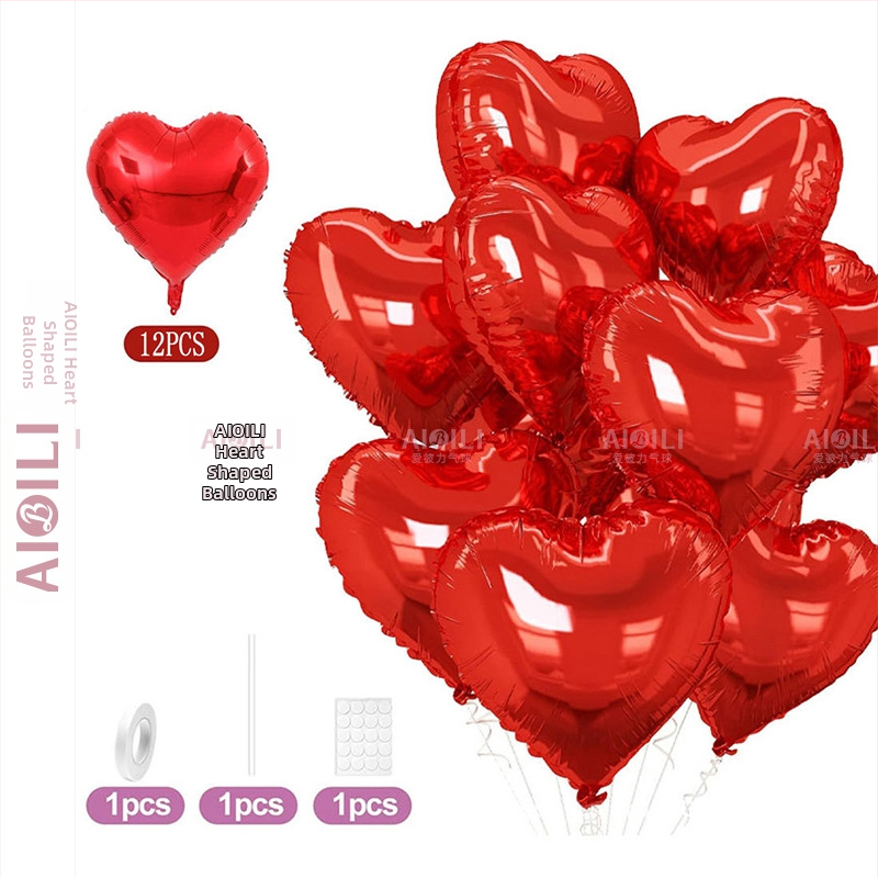 Širdies formos aliuminio folijos balionai, 12 vnt komplektas, Aubrey prekės ženklas, gimtadienio ir Valentino dienos proga