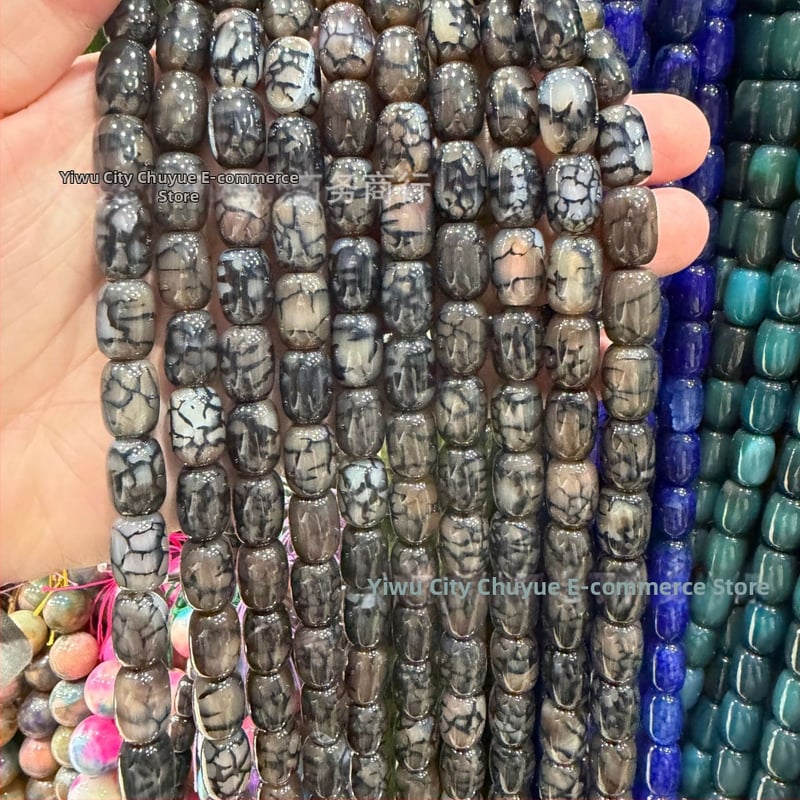 Χάντρες βαρέλι από φυσικό αχάτη με μοτίβο δράκο, ραγισμένη υφή, χειροκίνητη κοπή — εξαρτήματα DIY κοσμήματα