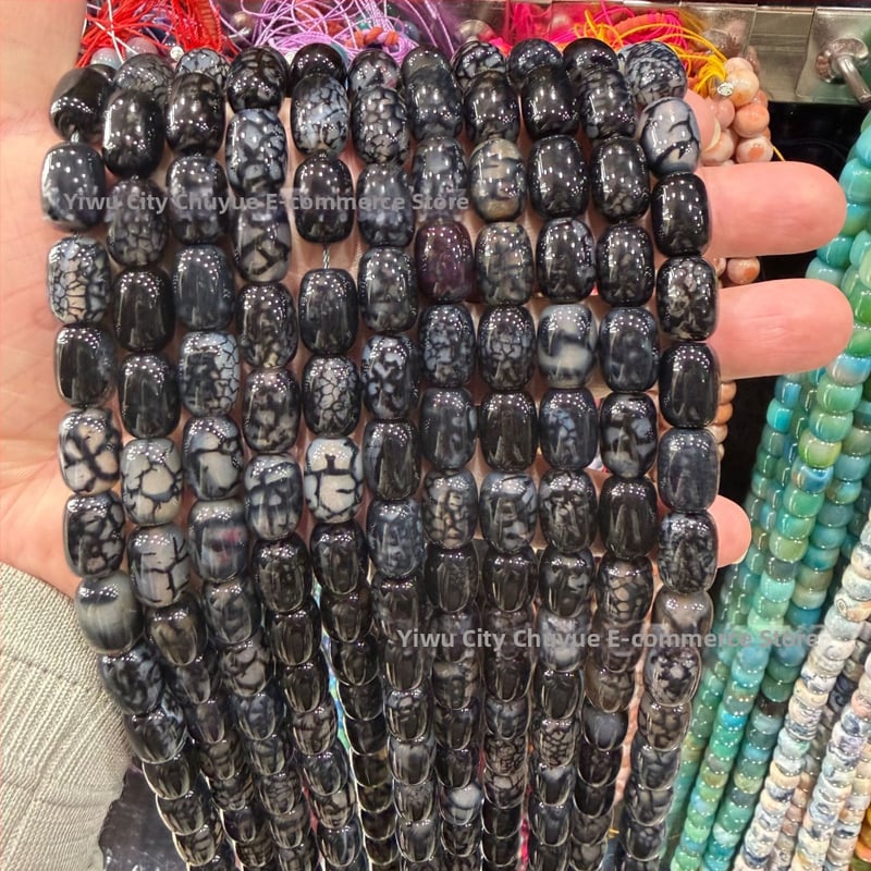 Χάντρες βαρέλι από φυσικό αχάτη με μοτίβο δράκο, ραγισμένη υφή, χειροκίνητη κοπή — εξαρτήματα DIY κοσμήματα