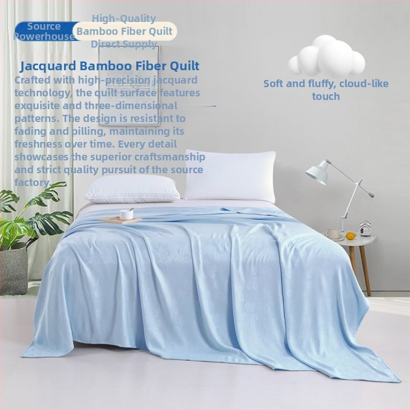 Bambuko pluošto pledas su džakardo raštu, šešialapio dobilo motyvas, šaldantis ledinės šilko audinys, visiems metų laikams