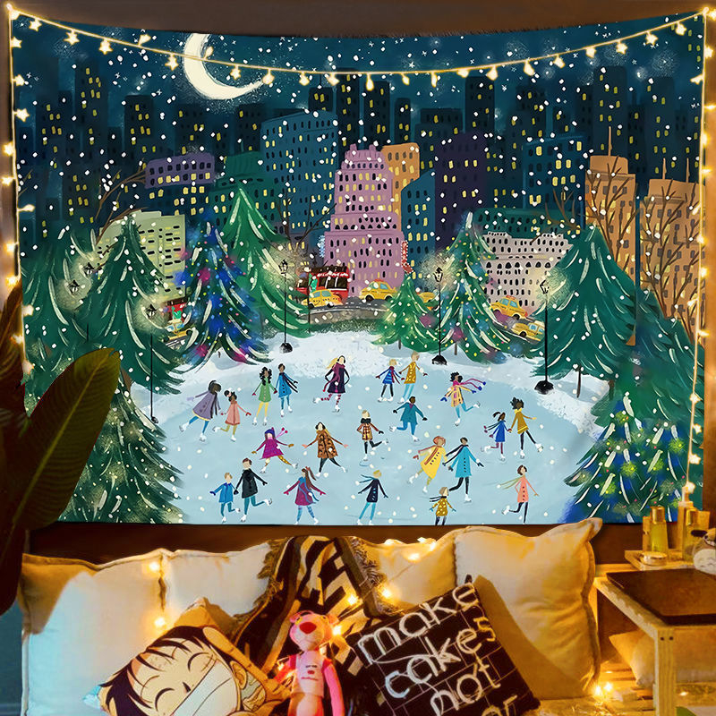 Fali gobelin – Nordic karácsonyi utcai jelenet, plüss anyag, digitális hőátvitel, gépi mosás, alkalmas hálószobába, dolgozószobába, kültéri helyiségekbe