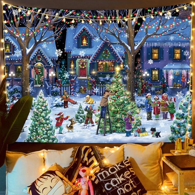 Fali gobelin – Nordic karácsonyi utcai jelenet, plüss anyag, digitális hőátvitel, gépi mosás, alkalmas hálószobába, dolgozószobába, kültéri helyiségekbe