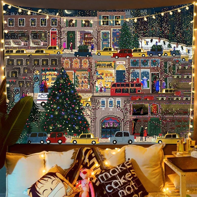 Fali gobelin – Nordic karácsonyi utcai jelenet, plüss anyag, digitális hőátvitel, gépi mosás, alkalmas hálószobába, dolgozószobába, kültéri helyiségekbe