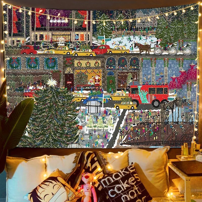 Fali gobelin – Nordic karácsonyi utcai jelenet, plüss anyag, digitális hőátvitel, gépi mosás, alkalmas hálószobába, dolgozószobába, kültéri helyiségekbe