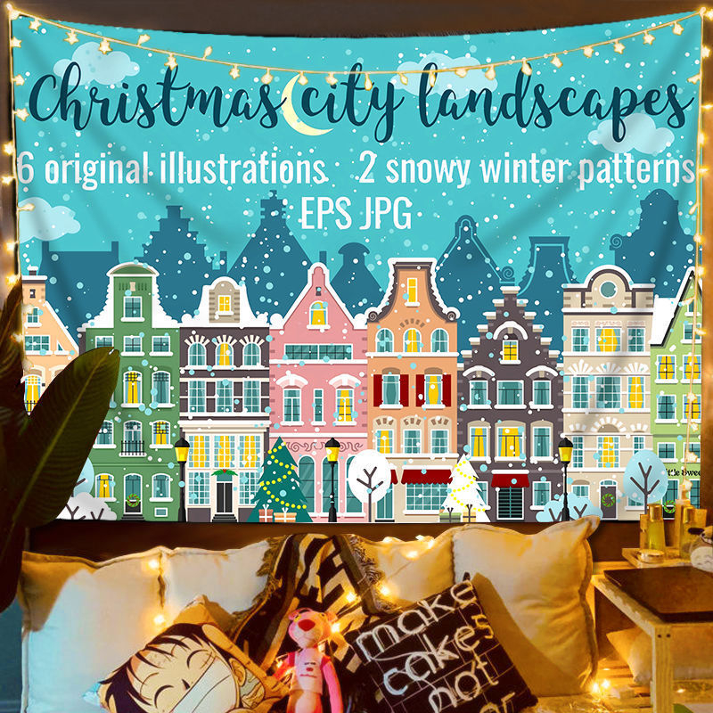 Fali gobelin – Nordic karácsonyi utcai jelenet, plüss anyag, digitális hőátvitel, gépi mosás, alkalmas hálószobába, dolgozószobába, kültéri helyiségekbe