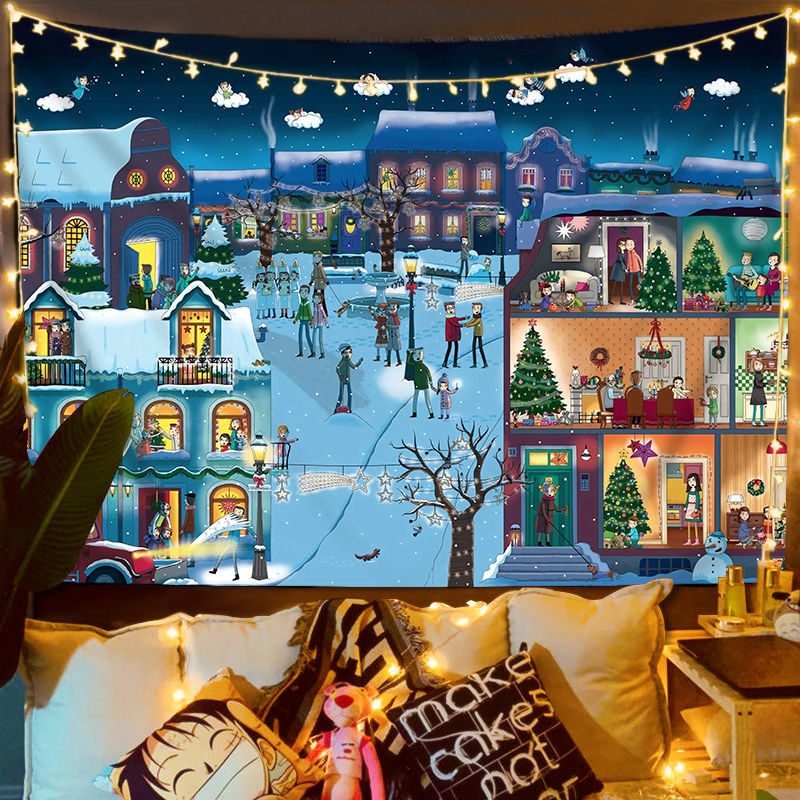 Fali gobelin – Nordic karácsonyi utcai jelenet, plüss anyag, digitális hőátvitel, gépi mosás, alkalmas hálószobába, dolgozószobába, kültéri helyiségekbe