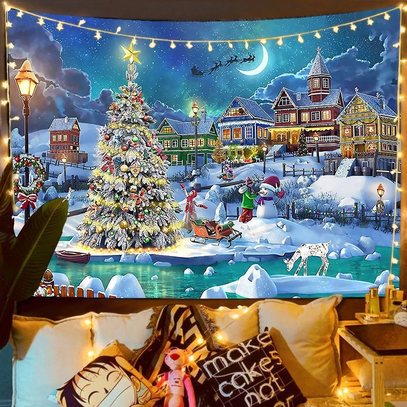 Fali gobelin – Nordic karácsonyi utcai jelenet, plüss anyag, digitális hőátvitel, gépi mosás, alkalmas hálószobába, dolgozószobába, kültéri helyiségekbe