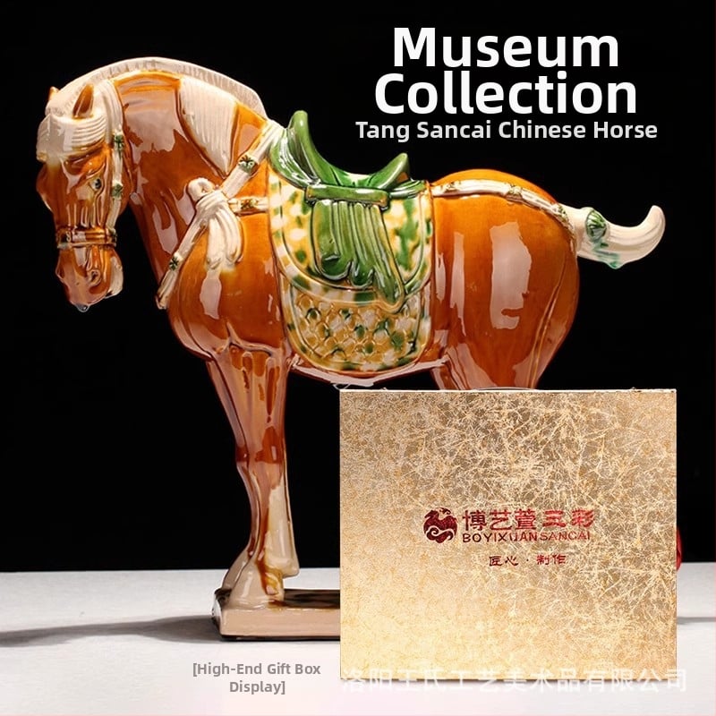 Keraminė arklio figūrėlė, kinietiško stiliaus, interjero dekorui, dovanų dėžutėje