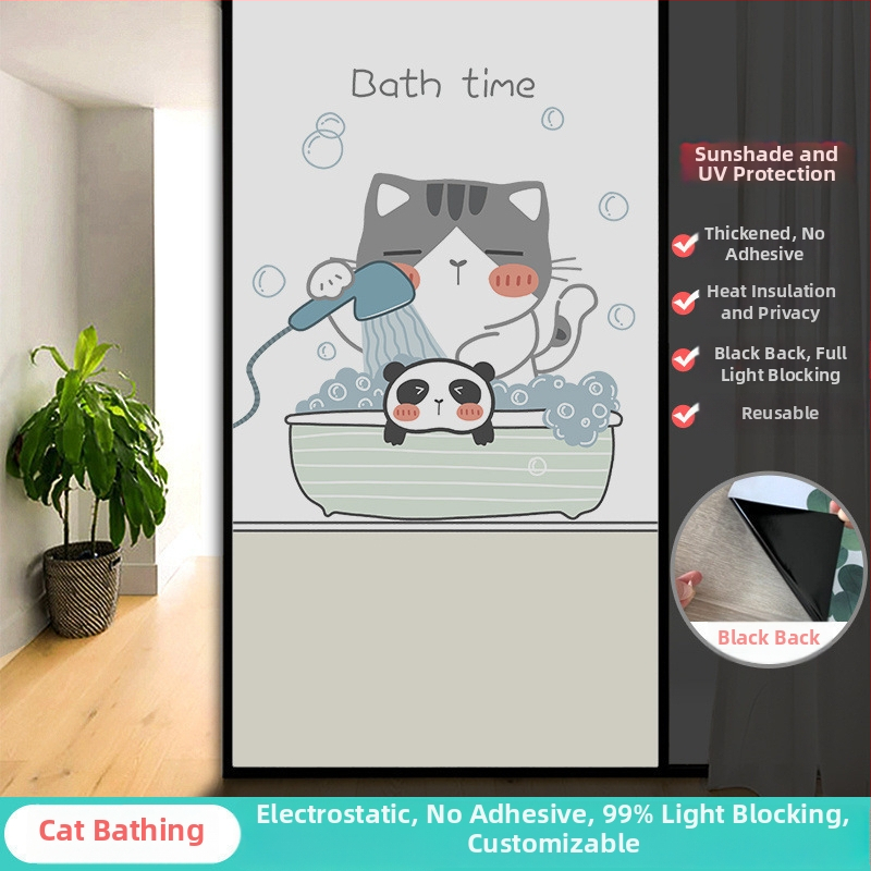 Vonios kambario stiklo plėvelė su visišku užtamsinimu ir privatumo apsauga, matinė išvaizda, PVC medžiaga, elektrostatinis prisirišimas, paprastas ir modernus stilius, animacijos motyvas, tinkama vonios kambariui