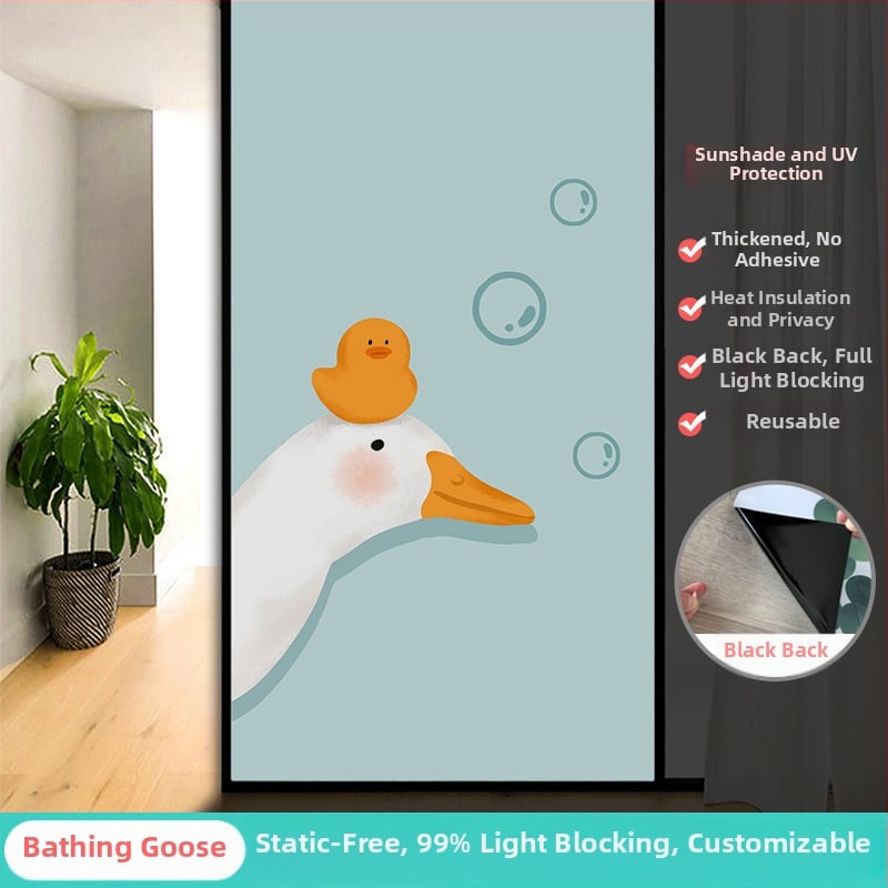 Vonios kambario stiklo plėvelė su visišku užtamsinimu ir privatumo apsauga, matinė išvaizda, PVC medžiaga, elektrostatinis prisirišimas, paprastas ir modernus stilius, animacijos motyvas, tinkama vonios kambariui