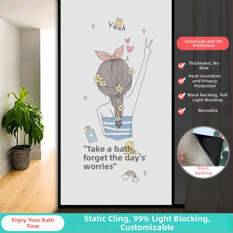Vonios kambario stiklo plėvelė su visišku užtamsinimu ir privatumo apsauga, matinė išvaizda, PVC medžiaga, elektrostatinis prisirišimas, paprastas ir modernus stilius, animacijos motyvas, tinkama vonios kambariui