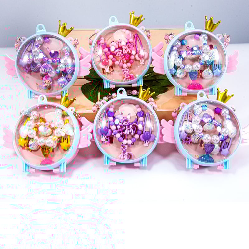 Vaikų kaklo grandinių komplektas su undinėlės pakabuku, angelų sparnais ir Princesių serija – rankų darbo akriliniai papuošalai vaikams, amžius 3–10 metų