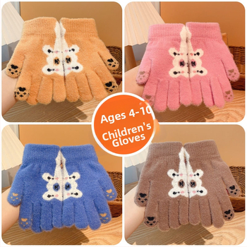 Bērnu ziemas cimdi no mohair, adīti Jacquard, silti, universāli, karikatūras lācis