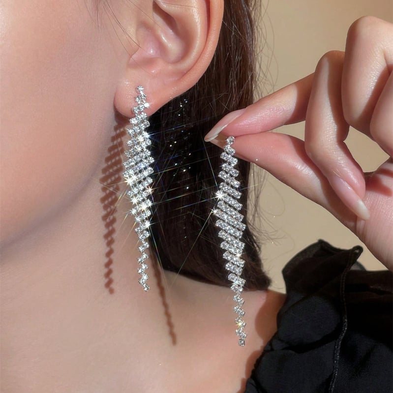 Ilgi kutai auskarai su rhinestones, geometrinė forma, nerūdijančio plieno ausies smeigtukai, įstatytais diamantais