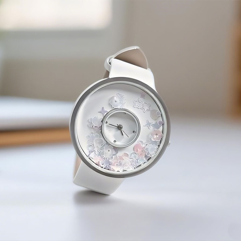 Moteriškas kvarcinis laikrodis su odine juosta, apvaliu spindinčiu cifernalu, Seagull Z618 mechanizmas, cinko lydinio korpusas, nėra atsparus vandeniui