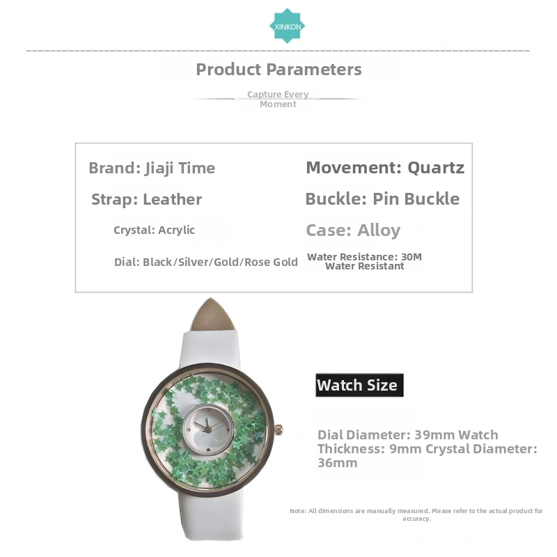 Moteriškas kvarcinis laikrodis su odine juosta, apvaliu spindinčiu cifernalu, Seagull Z618 mechanizmas, cinko lydinio korpusas, nėra atsparus vandeniui