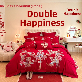 Keturių dalių vestuvinis patalynės komplektas iš plauto medvilnės, siuvinėjimas, reaktyvinis dažymas, vienodų spalvų raštas