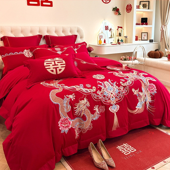 Keturių dalių vestuvinis patalynės komplektas iš plauto medvilnės, siuvinėjimas, reaktyvinis dažymas, vienodų spalvų raštas