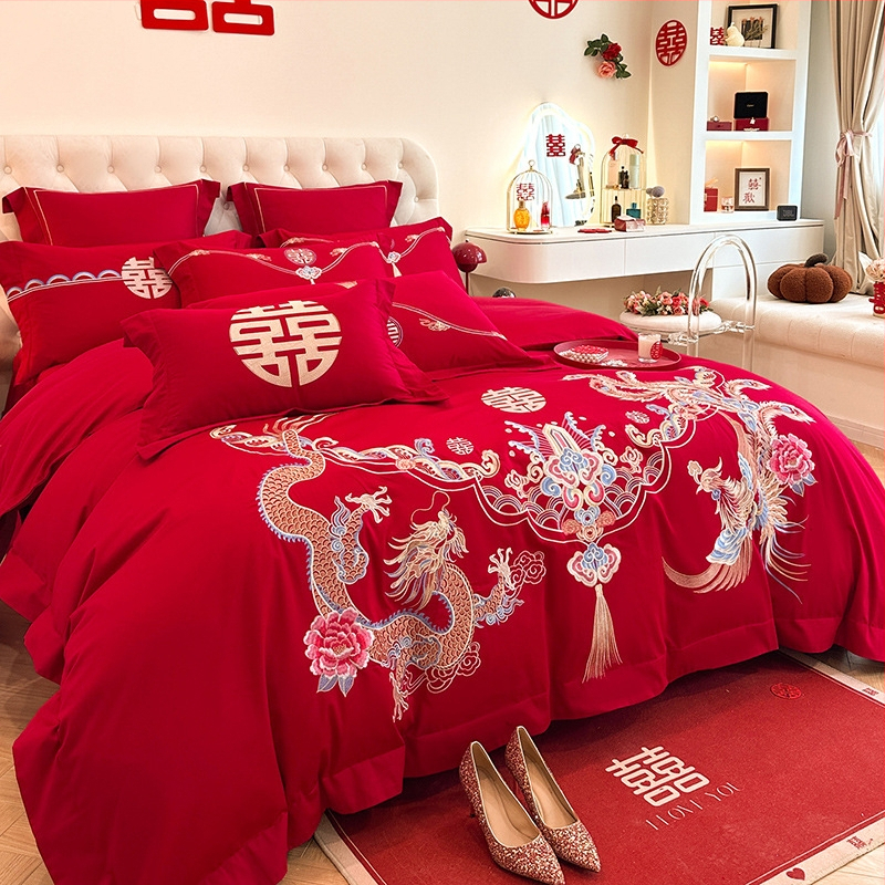 Четири части спален комплект за сватба, памучен плат, бродерия, реактивно боядисване, едноцветен модел