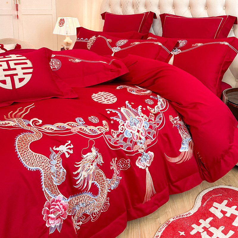 Keturių dalių vestuvinis patalynės komplektas iš plauto medvilnės, siuvinėjimas, reaktyvinis dažymas, vienodų spalvų raštas