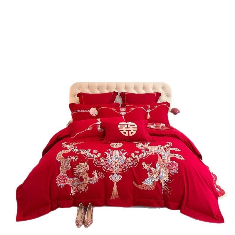 Четири части спален комплект за сватба, памучен плат, бродерия, реактивно боядисване, едноцветен модел