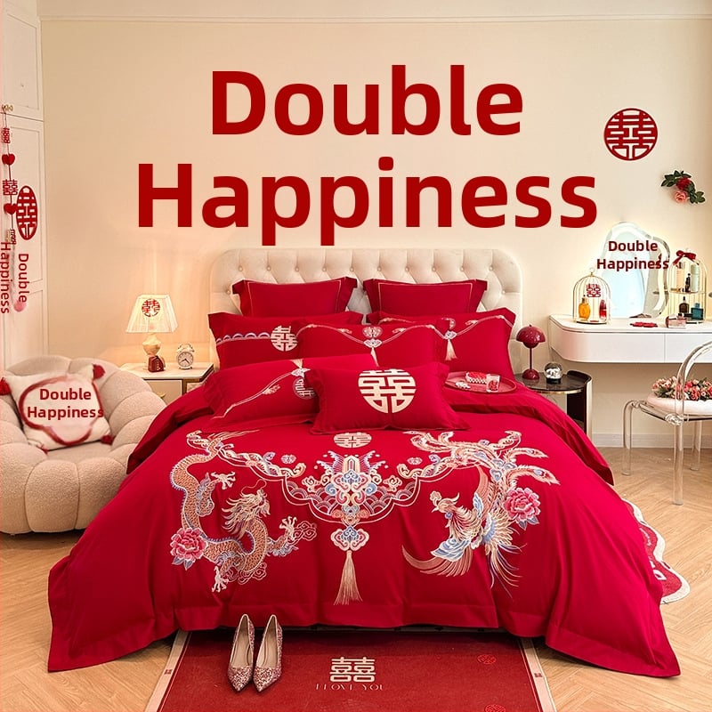 Keturių dalių vestuvinis patalynės komplektas iš plauto medvilnės, siuvinėjimas, reaktyvinis dažymas, vienodų spalvų raštas