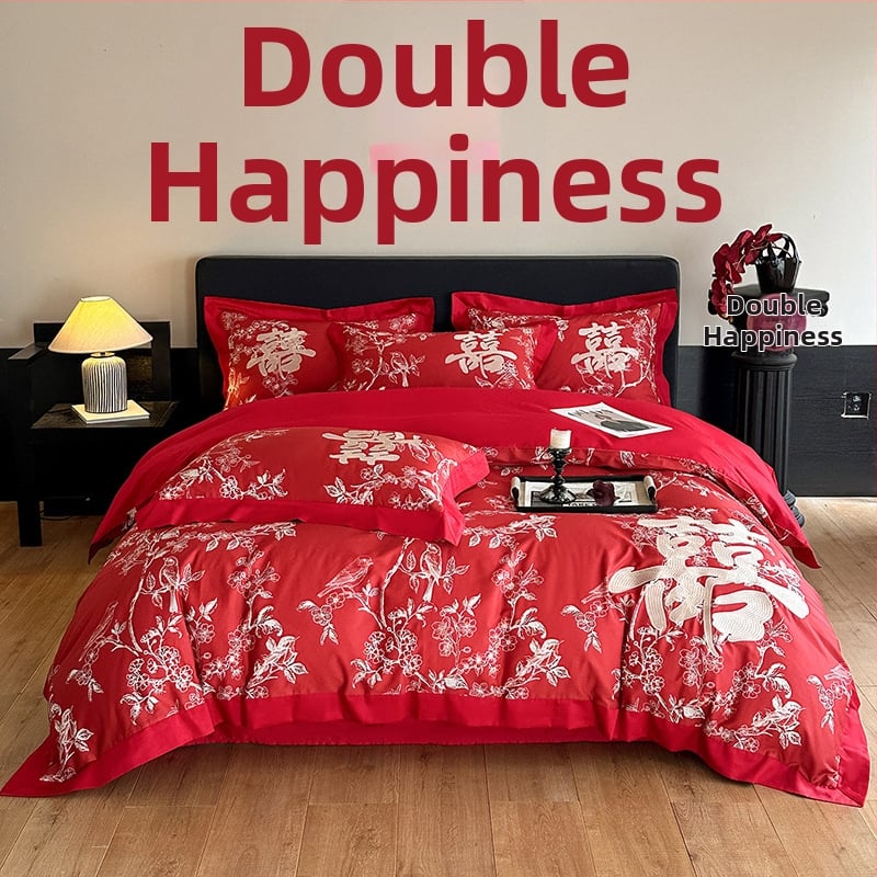 Keturių dalių vestuvinis patalynės komplektas iš plauto medvilnės, siuvinėjimas, reaktyvinis dažymas, vienodų spalvų raštas