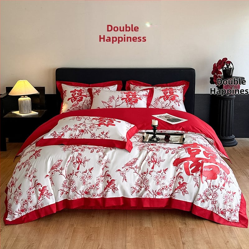 Keturių dalių vestuvinis patalynės komplektas iš plauto medvilnės, siuvinėjimas, reaktyvinis dažymas, vienodų spalvų raštas