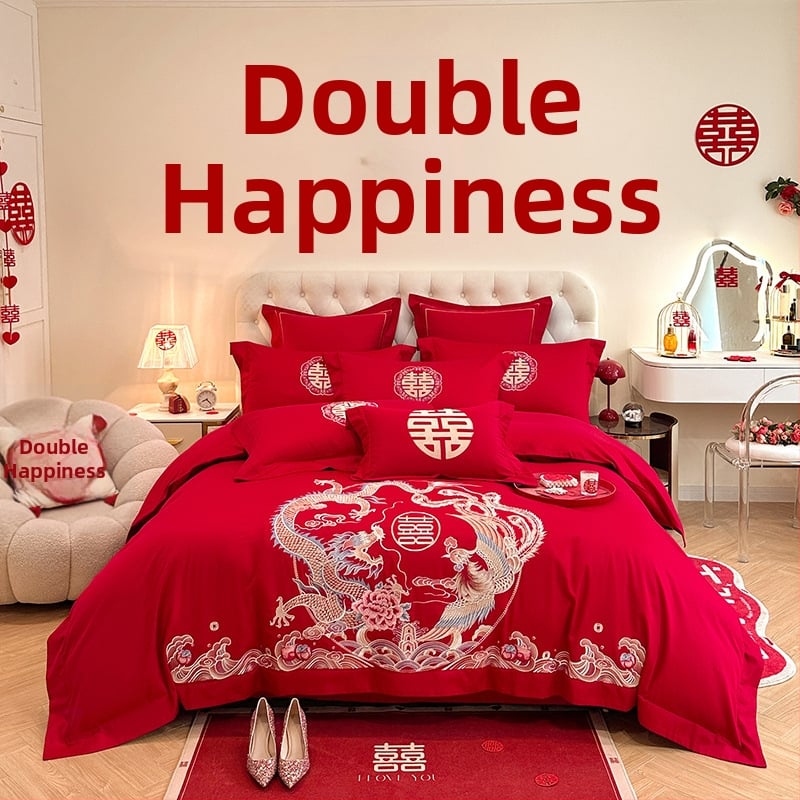 Keturių dalių vestuvinis patalynės komplektas iš plauto medvilnės, siuvinėjimas, reaktyvinis dažymas, vienodų spalvų raštas