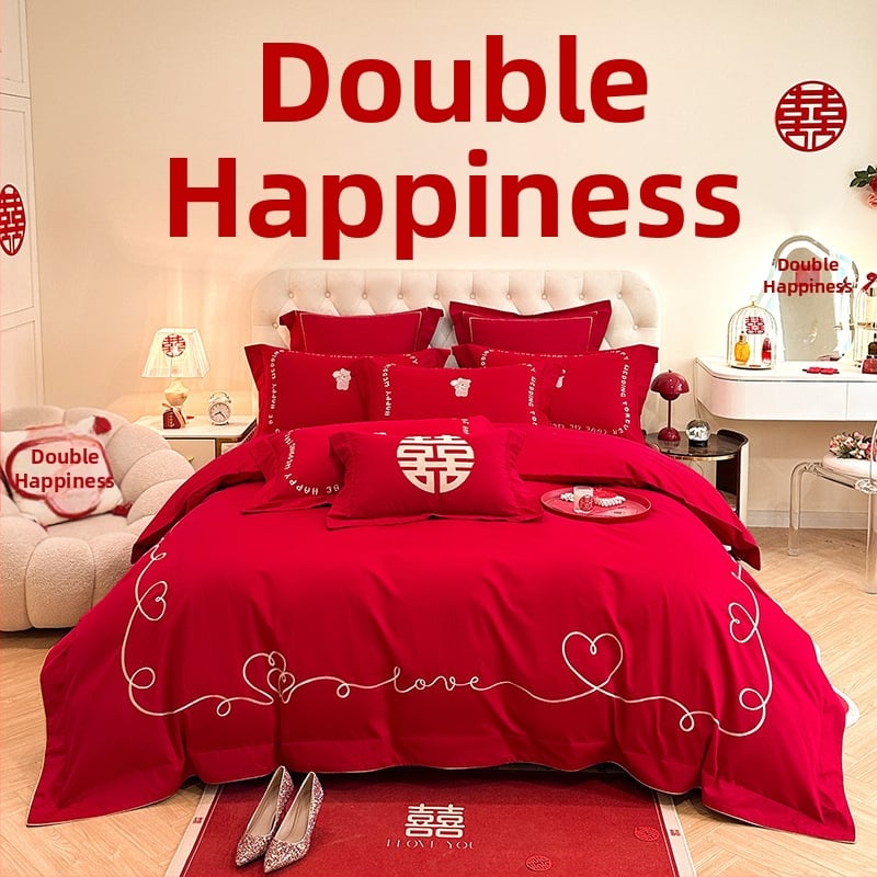 Keturių dalių vestuvinis patalynės komplektas iš plauto medvilnės, siuvinėjimas, reaktyvinis dažymas, vienodų spalvų raštas