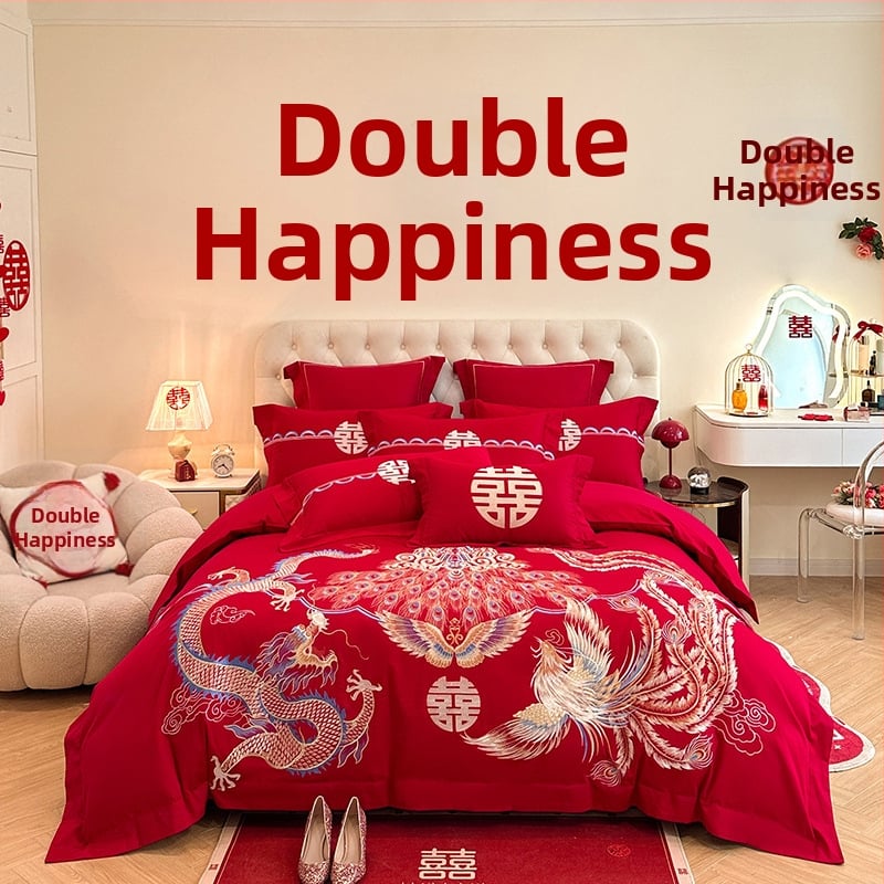 Keturių dalių vestuvinis patalynės komplektas iš plauto medvilnės, siuvinėjimas, reaktyvinis dažymas, vienodų spalvų raštas