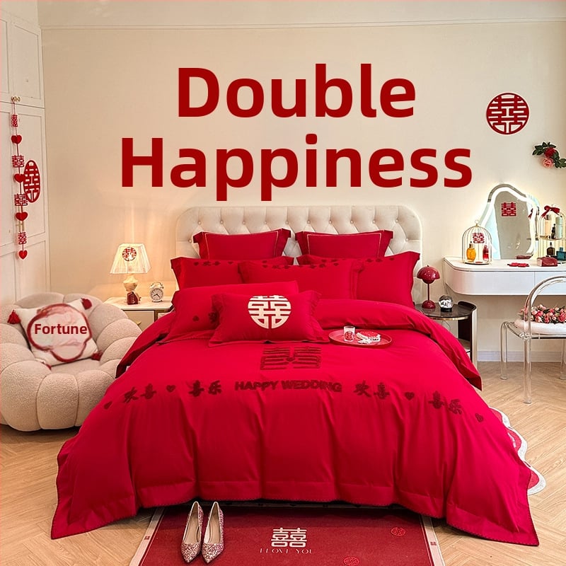 Keturių dalių vestuvinis patalynės komplektas iš plauto medvilnės, siuvinėjimas, reaktyvinis dažymas, vienodų spalvų raštas