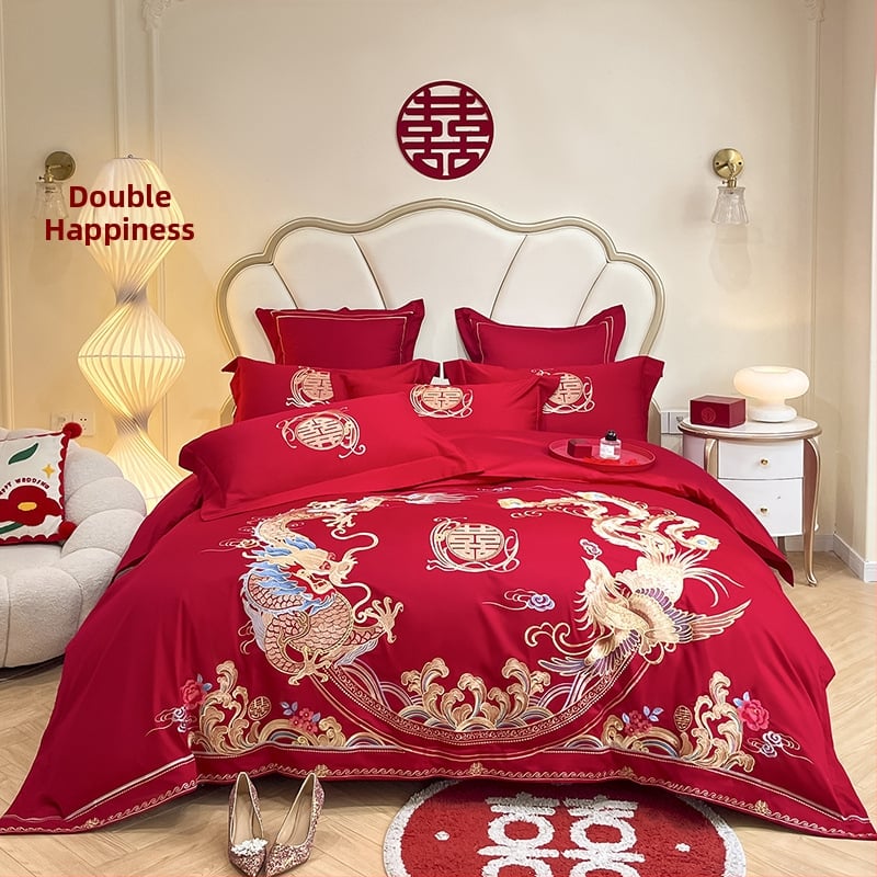 Keturių dalių vestuvinis patalynės komplektas iš plauto medvilnės, siuvinėjimas, reaktyvinis dažymas, vienodų spalvų raštas