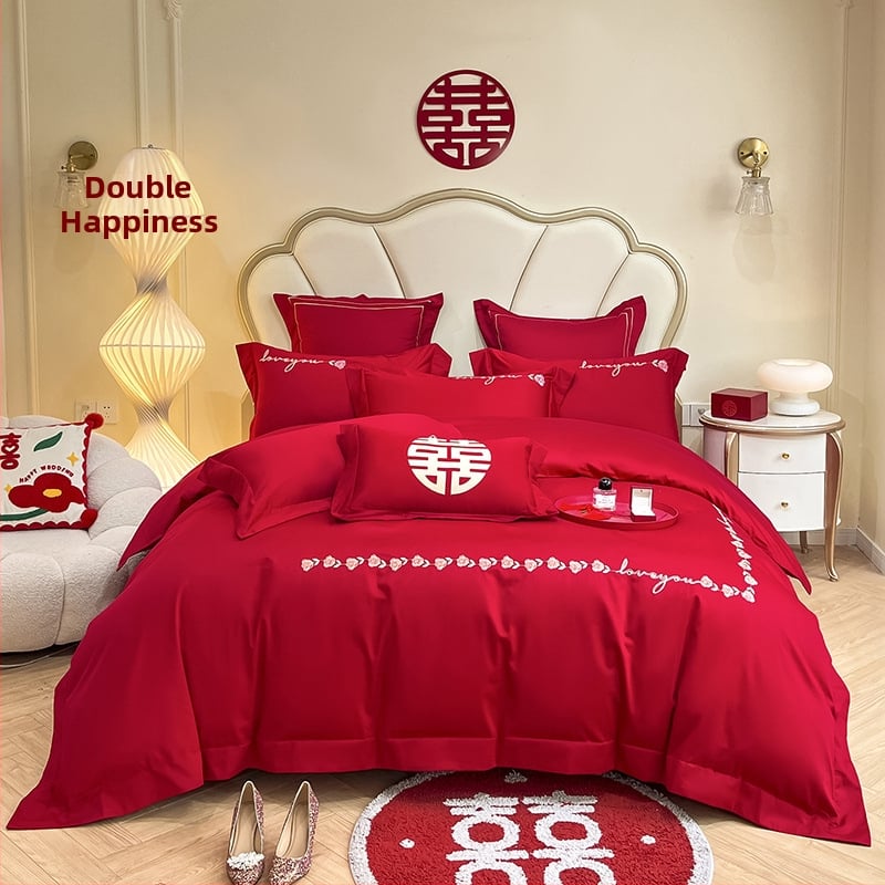 Keturių dalių vestuvinis patalynės komplektas iš plauto medvilnės, siuvinėjimas, reaktyvinis dažymas, vienodų spalvų raštas