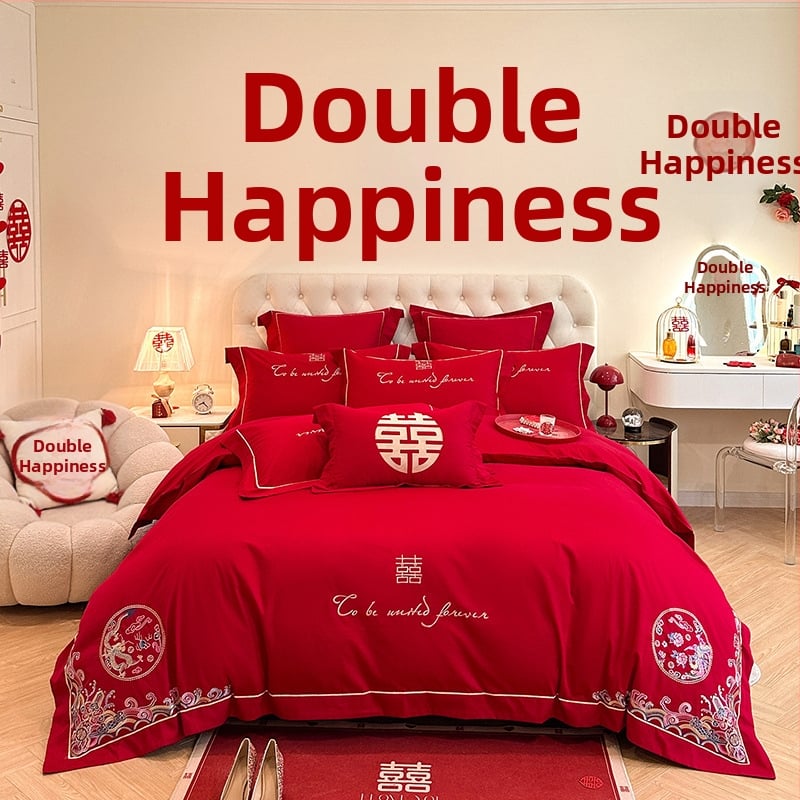 Keturių dalių vestuvinis patalynės komplektas iš plauto medvilnės, siuvinėjimas, reaktyvinis dažymas, vienodų spalvų raštas